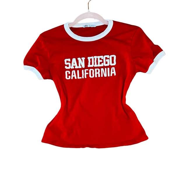 Zara Red T-Shirt with White Trim - Picture 1 of 4